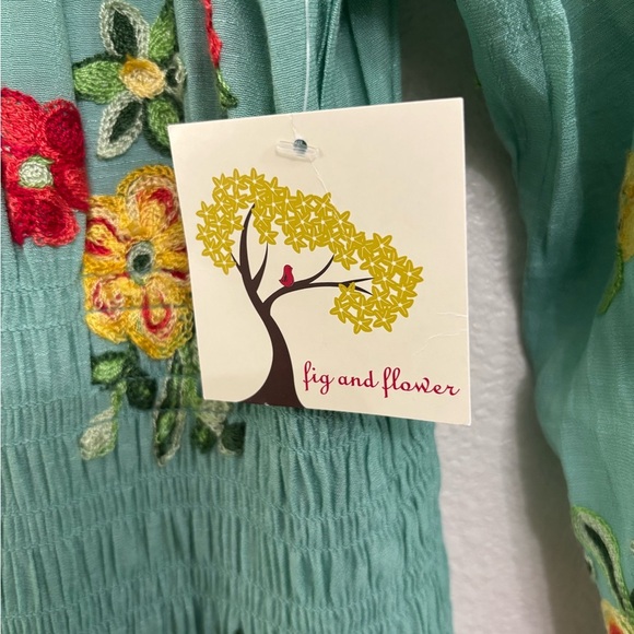 Anthropologie Fig and Flower Aqua Floral Embroidered Maxi Dress Button Front - Picture 6 of 12